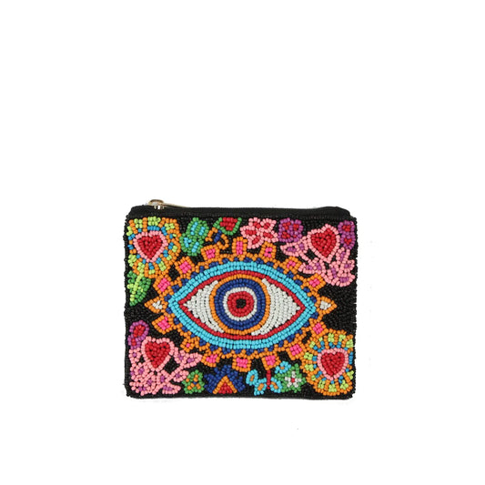 Fully Beaded Black Floral Eye Ladies Coin Purse