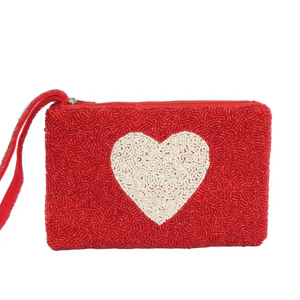 Red with White Heart fully Beaded Ladies Wristlet Wallet