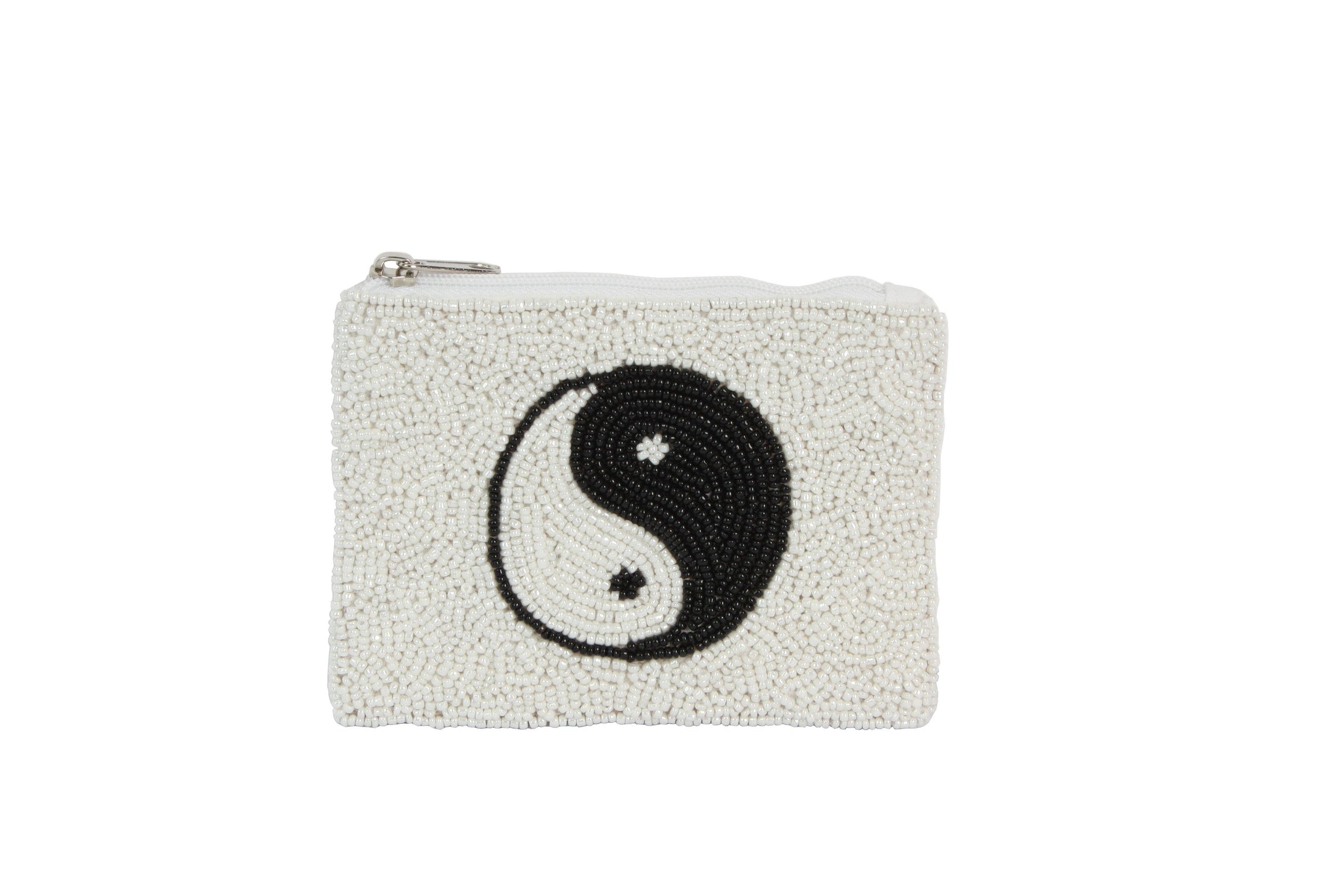 Fully Beaded White Ying Yang Theme Ladies Coin Purse
