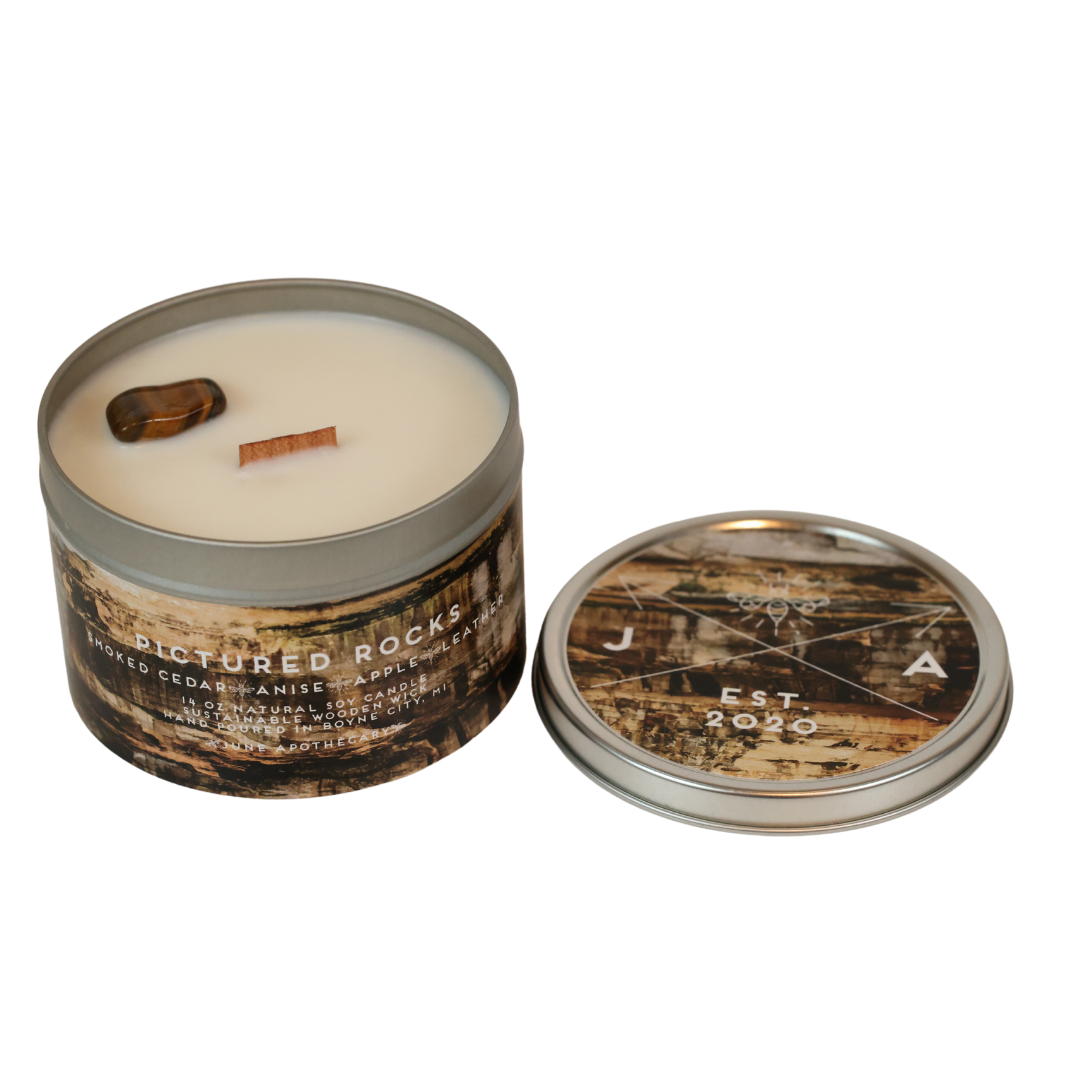Pictured Rocks Wooden Wick 11 oz Tin Candle-Michigan