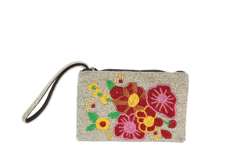 Ladies Beige Fully Beaded Flower Wristlet Wallet