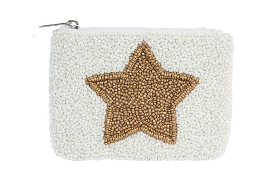 White Fully Beaded Ladies Coin Purse Gold Star