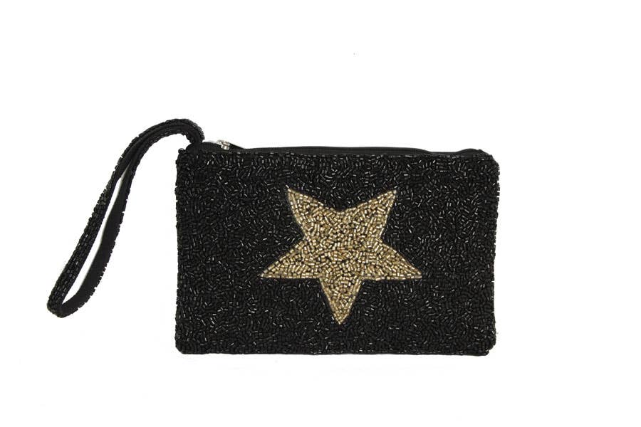 Ladies Black Fully Beaded Gold Star Wristlet Wallet