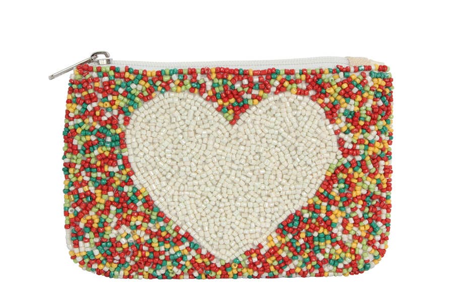 Ladies Multi Color Fully Beaded White Heart Coin Purse