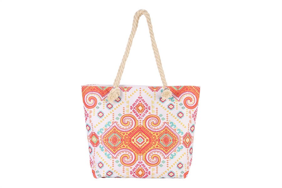 Abstract Tiles Flower Print Ladies Tote Handbag Beach Bag