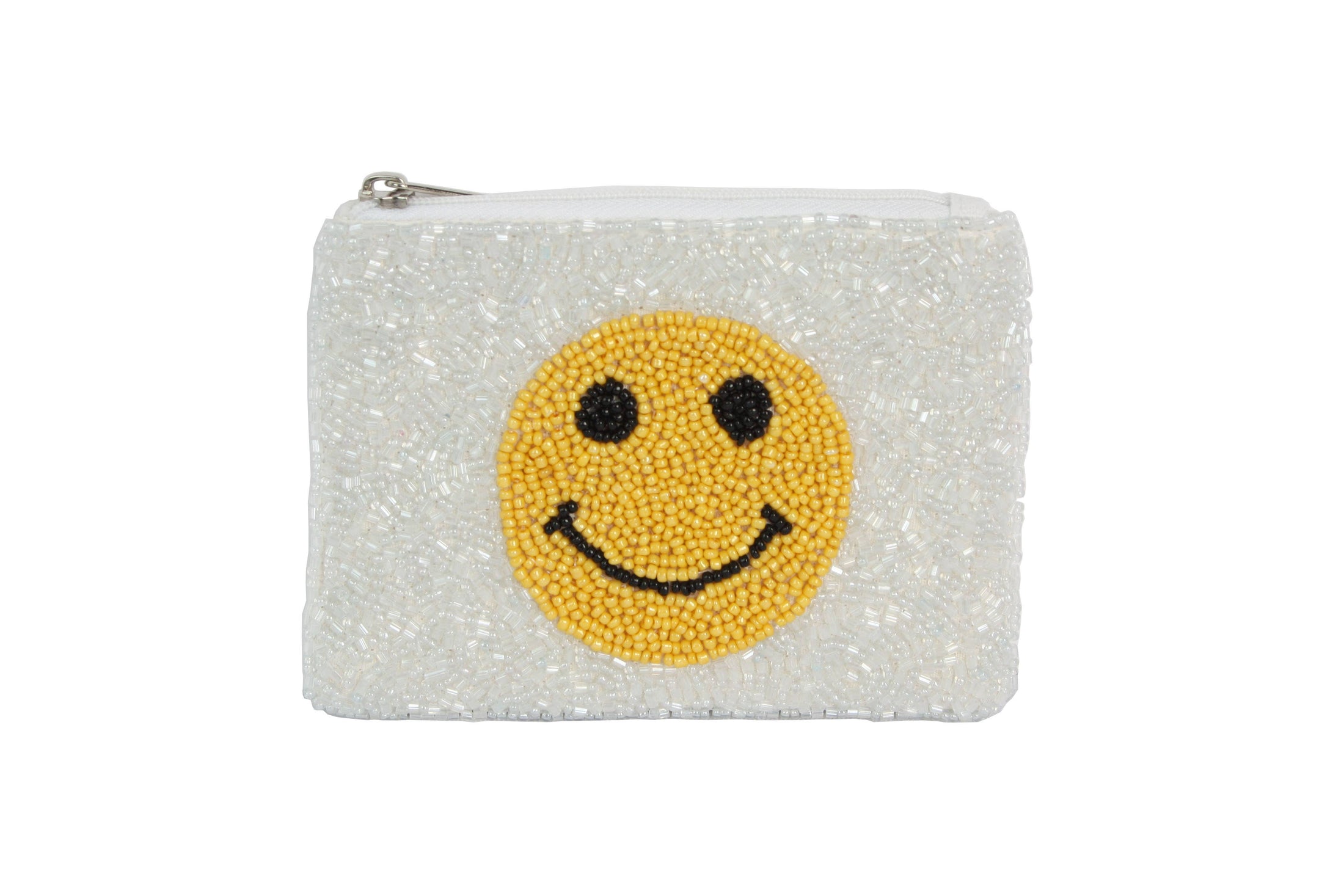 Fully Beaded White Happy Face Theme Coin Purse