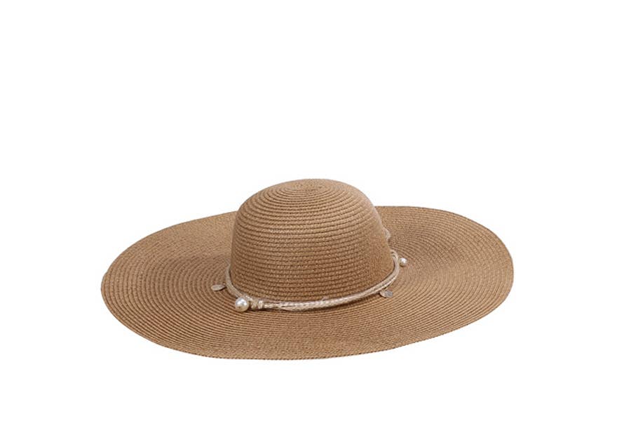 Ladies Straw Pearl Decorated Summer Beach Sun Floppy Hat